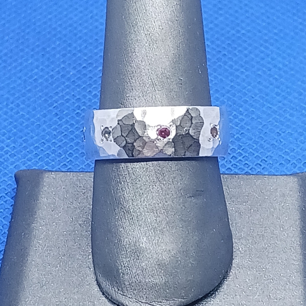 Sterling Silver Hammered Wide Band with Multi Color Stones
